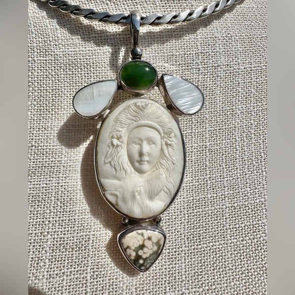 Wolf Goddess handcarved bone sterling silver jasper aventurine lg pendant pearl - Picture 4 of 8